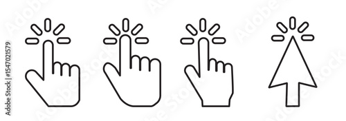 Computer mouse click cursor arrow icons set. Clicking cursor. Hand cursors icons click set. Pointer click icon. Loading icon on transparent background