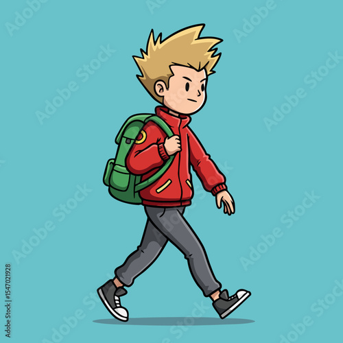 Boy walking with green backpack wearing red jacket and grey pants vector illustration 