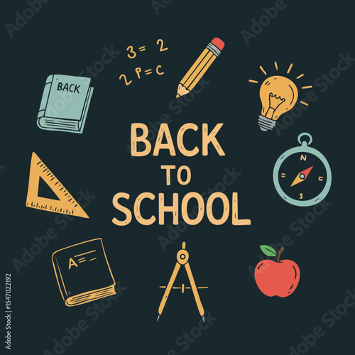 Back to school education supplies with pencil light bulb compass apple vector illustration 