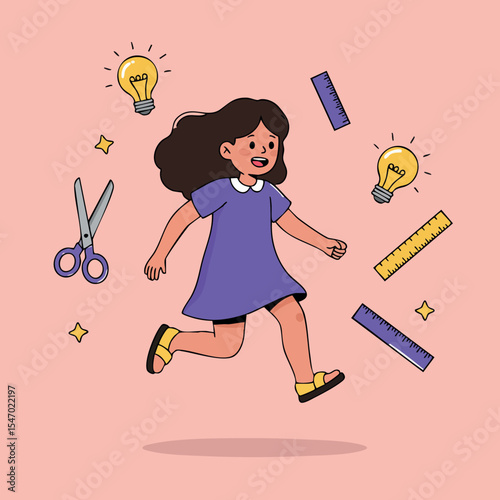 Girl running with light bulbs scissors and rulers creative concept vector illustration 