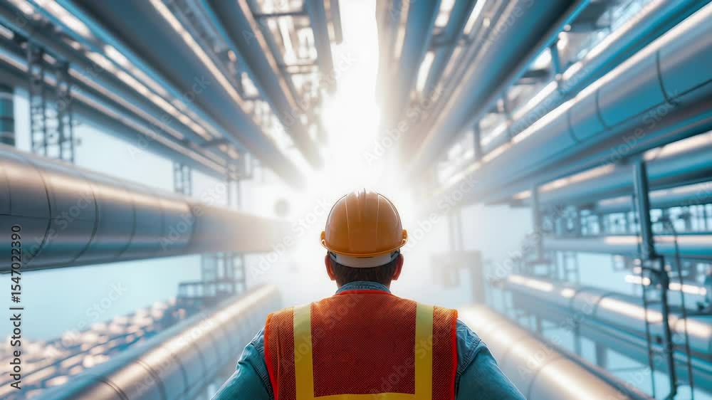 Construction worker in safety helmet and visibility vest inspecting industrial facility with modern infrastructure, pipelines, structural engineering, workplace, professional development.