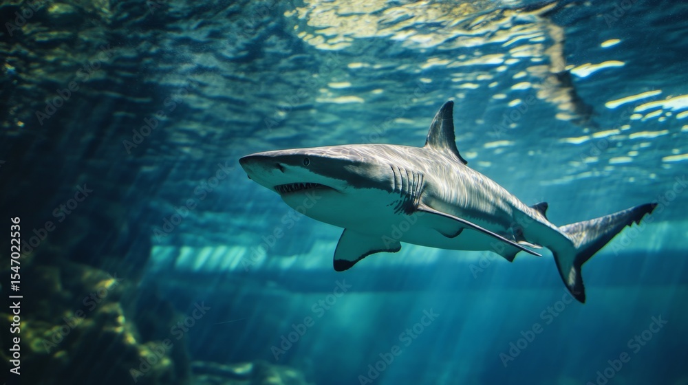 Naklejka premium Shark swimming calmly but aimlessly inside a sterile tank, artistic metaphor for stagnation generative ai