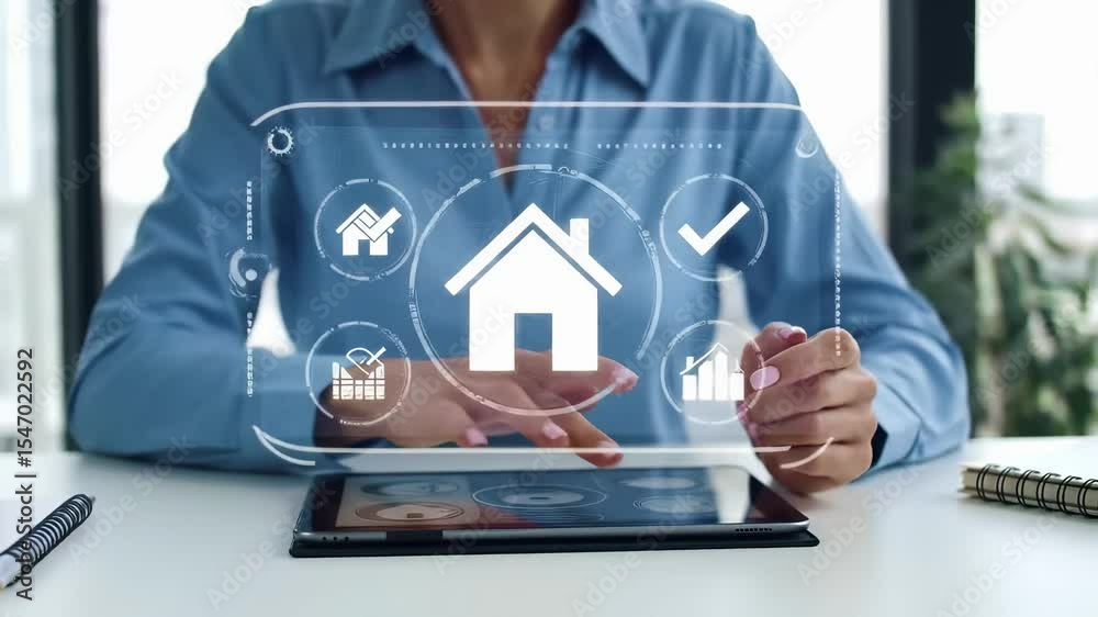 Real estate professional using digital tablet with property house icons interface, home investment technology, management platform, residential market analytics, smart solutions.