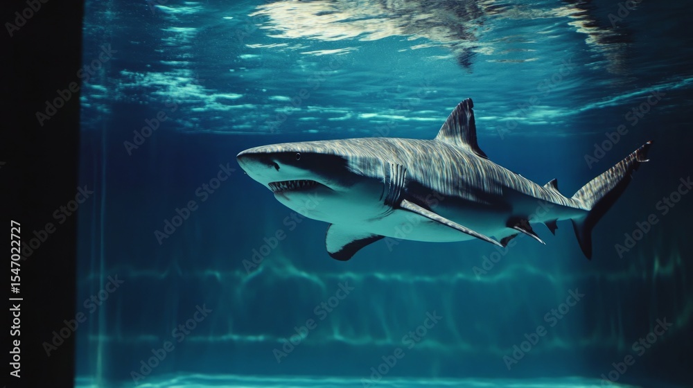 Fototapeta premium Shark swimming calmly but aimlessly inside a sterile tank, artistic metaphor for stagnation generative ai