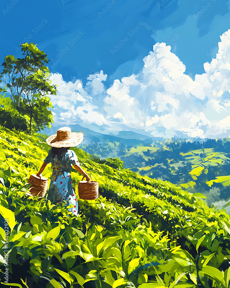 Fototapeta premium Refreshing Green Tea Leaves and Brewed Drink: Natural, Healthy, and Antioxidant-Rich Beverage