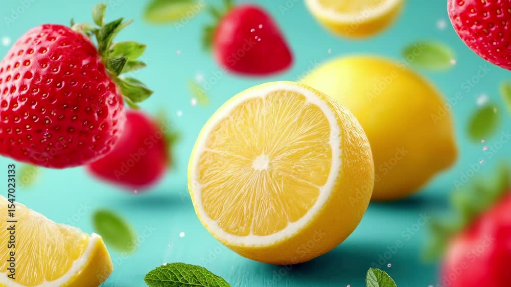 Fresh citrus lemon slices and ripe strawberries with mint leaves floating against turquoise background. Water droplets create dynamic splash effect. Healthy organic fruit ingredients for vitamin rich