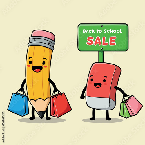 Pencil and eraser holding shopping bags with back to school sale sign vector illustration 