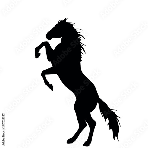 The black silhouette of a horse rearing up. Vector illustration for logo, design, calendar. Vector illustration