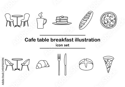 カフェのテーブルや椅子、朝食のパンやピザ、コーヒーなどを描いたモノクロの線画アイコンセット｜クロワッサン,パンケーキ,バゲット,フォーク,ナイフ,マグカップ,食べ物,飲み物