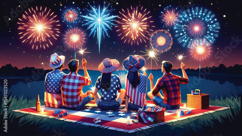 Independence Day, A group of friends sitting on a picnic blanket, watching a stunning firework