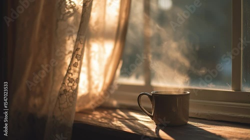 Warm Morning Light Shines Through a Window with a Steaming Mug on the Wooden Surface