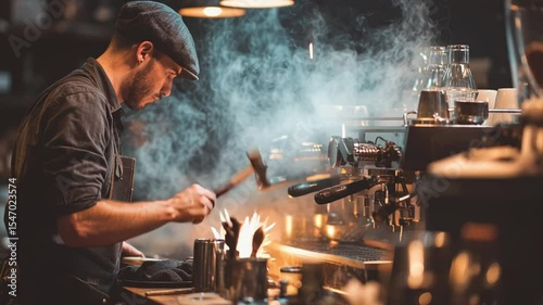 Artisan Barista Preparing Coffee in a Cozy Café with Smoke and Warm Lighting Atmosphere