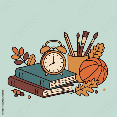 Books alarm clock paintbrushes and basketball with autumn leaves vector illustration 