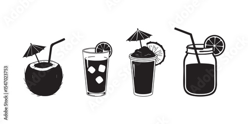 Silhouette set of 4 summer drinks: coconut with straw, iced lemonade, pineapple smoothie with umbrella