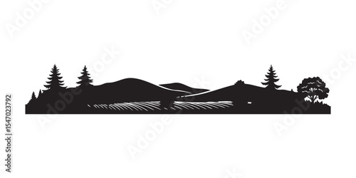 Silhouette of rolling hills with stylized pine and deciduous trees layered in the scenic foreground view