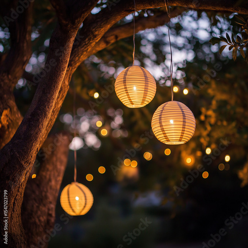 Handmade paper lanterns hanging from a tree during twilight.