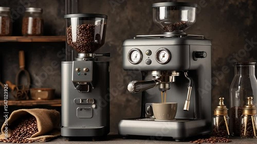 Modern coffee machine with grinder and fresh coffee beans in rustic kitchen setting, perfect for coffee lovers