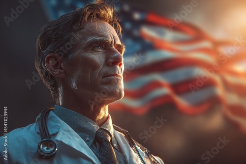 Independence Day scene. A proud doctor in a white lab coat stands confidently with his head held high, looking into the distance with hope and determination.