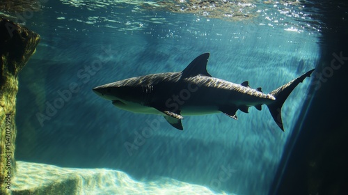 Shark's shadow against tank glass, metaphor for unseen potential, metaphorical image generative ai