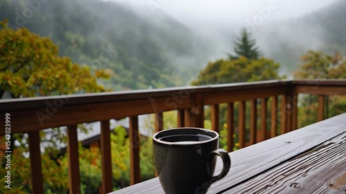 Serene Morning Coffee on Wooden Deck Overlooking Misty Mountains and Lush Greenery in Tranquil Nature Setting