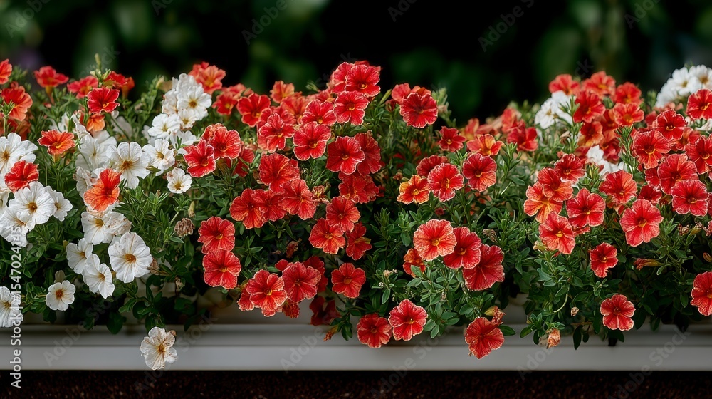 Fototapeta premium Vibrant Red White Petunia Flowers in Window Box Garden Decor Blooming Plants