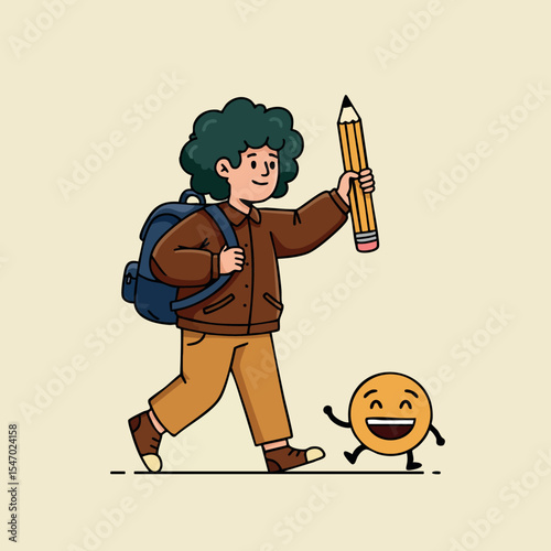 Child walking with large pencil and smiling emoji character vector illustration 
