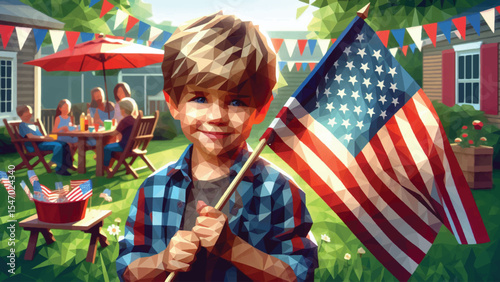 in low poly style, Young boy holding flag on 4th July family garden party