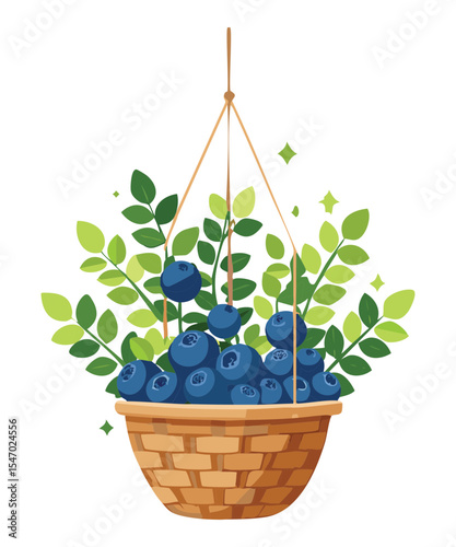 Abundant Blueberries in Woven Hanging Basket