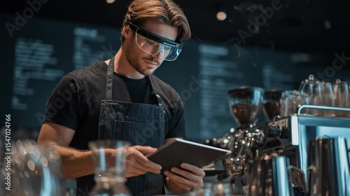 Young man using tablet in modern coffee shop, wearing glasses, operating barista equipment, engaging customer experience