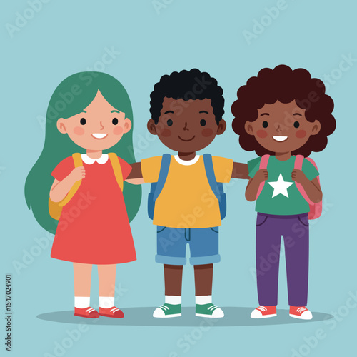 Group of diverse children with backpacks smiling and standing together in friendship vector illustration 