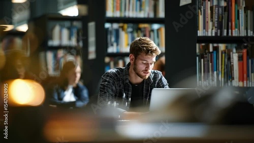 Young Male Student Working Focused on Laptop in Modern Library Surrounded by Books and Study Space