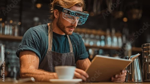 Young Barista Using Augmented Reality Glasses While Preparing Coffee in Modern Coffee Shop Interior
