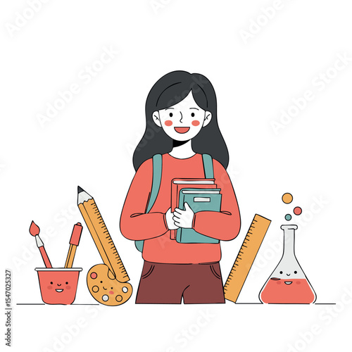 Female Student Holding Books Surrounded by Art and Science Supplies Vector Illustration 