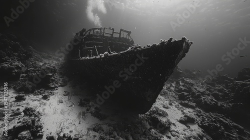 Submerged wreck of a ship on a coral reef.