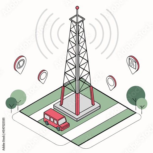 Cellular Tower Network Infrastructure Isometric Illustration of a Communication Tower with Signal Range and GPS Location Markers