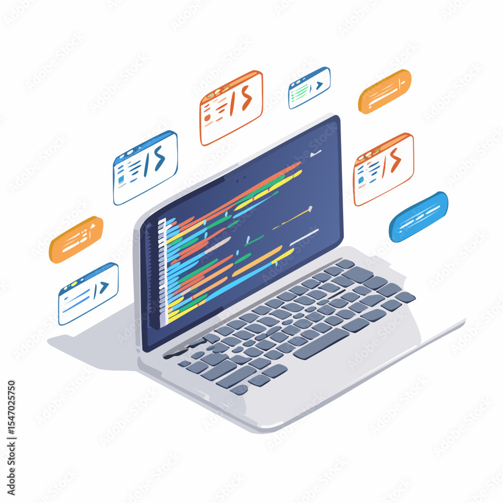 Isometric 3D Laptop Screen Displaying AI Programming Code Floating Syntax Lines and Colorful Interface Elements