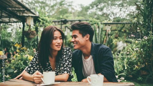 Young couple enjoying coffee in a cozy outdoor setting surrounded by greenery and flowers, sharing laughter