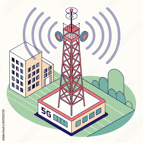5G Cellular Tower Infrastructure  Isometric Illustration of a Modern Communication Tower in an Urban Setting