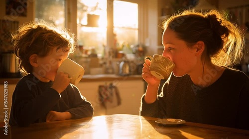Heartwarming Moment Between Mother and Child Sharing Hot Drinks in Cozy Kitchen Setting