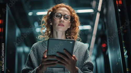 Female Data Analyst in High-Tech Server Room Using Digital Tablet for Data Management and Analysis