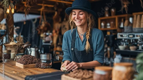 Joyful woman enjoying coffee while surrounded by beans in a cozy coffee shop setting