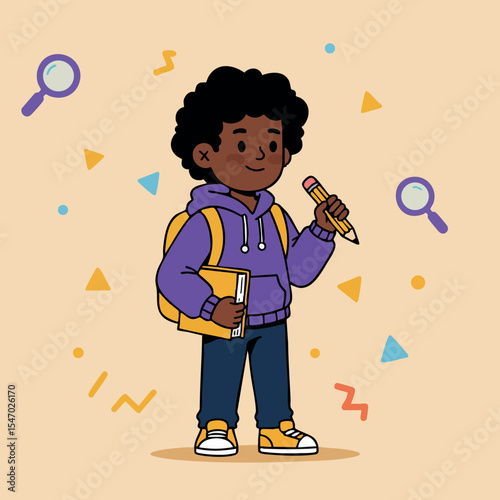 Young boy with curly hair holding pencil and book wearing purple hoodie and yellow backpack vector illustration 