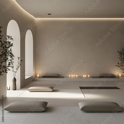 Interior of a minimalist zen meditation room with cushions and candles