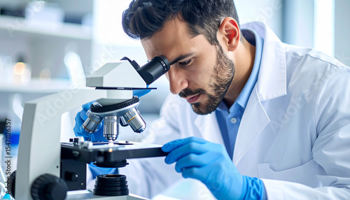 The Scientist: In a sterile laboratory setting, a dedicated scientist meticulously examines a sample through a state-of-the-art microscope, engrossed in the intricacies of scientific exploration. 