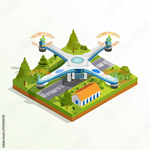 Autonomous Drone Delivery System Isometric 3D Model of AI-Powered Drone Navigating Suburban Environment for Package Transportation