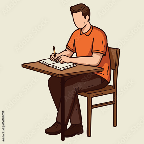 Man sitting on chair writing in notebook at wooden desk vector illustration 