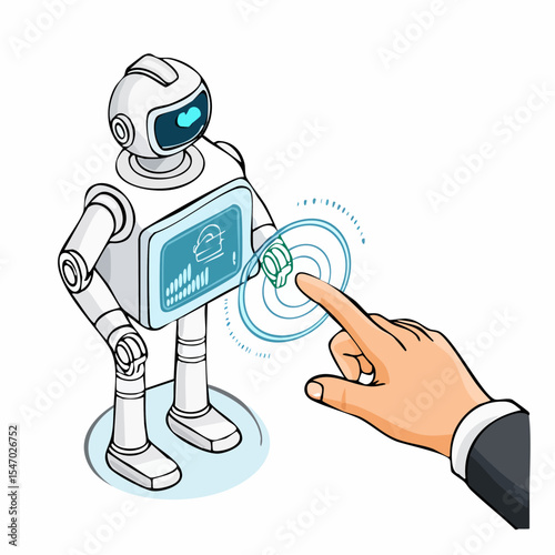 Isometric 3D Illustration Human Hand Controlling a Robot via Holographic Interface