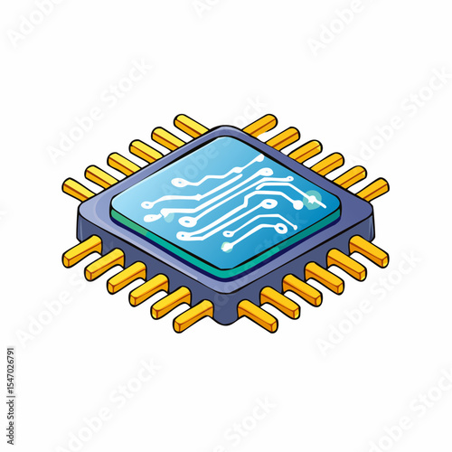 Isometric 3D Microchip Icon Advanced Computing Power, Glowing Pathways, Digital Technology