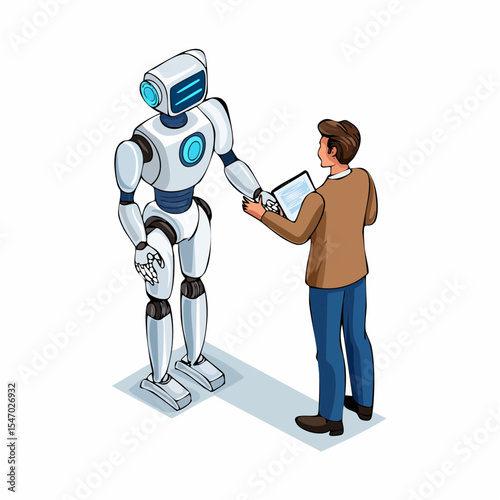 Isometric 3D Illustration Human and Robot Collaboration, AI Partnership, Future Technology, Robotic Assistance