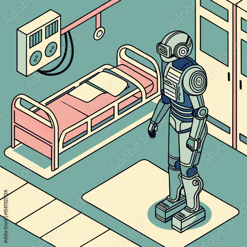 Isometric Illustration of a Futuristic Robot in a Hospital Room Healthcare Robotics and Medical Technology Advancements